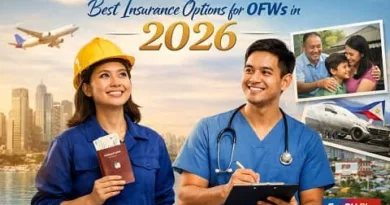 Best insurance options for OFWs in 2026 showing Filipino overseas workers, healthcare protection, family security, and ExpPH Blog branding