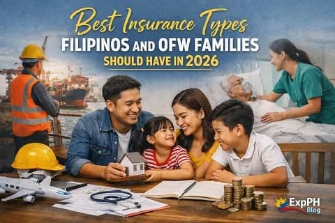 Filipino OFW family planning insurance for 2026 with home model, savings, healthcare symbols, and ExpPH Blog logo in a realistic setting