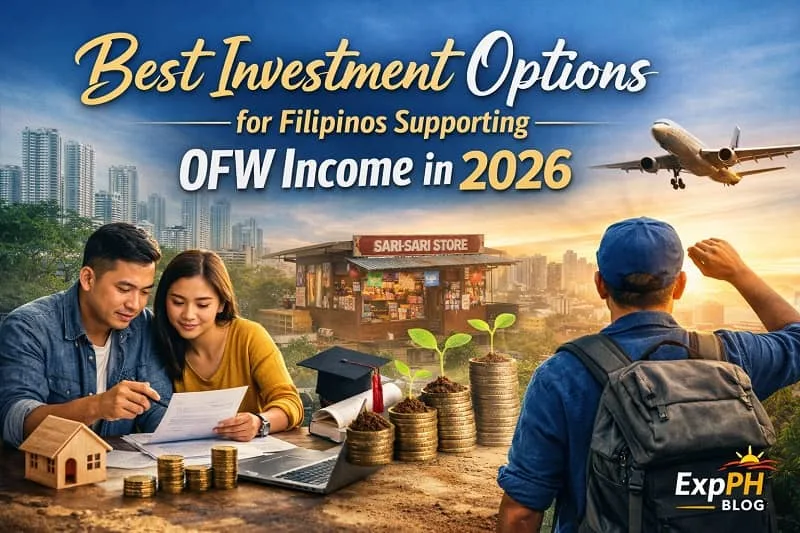 Filipino family reviewing low risk investment options for OFW income, showing savings, time deposits, and long term financial planning with ExpPH Blog logo