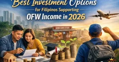 Filipino family planning investments using OFW income in 2026 with symbols of savings, small business, education, and overseas work, featuring the ExpPH Blog logo