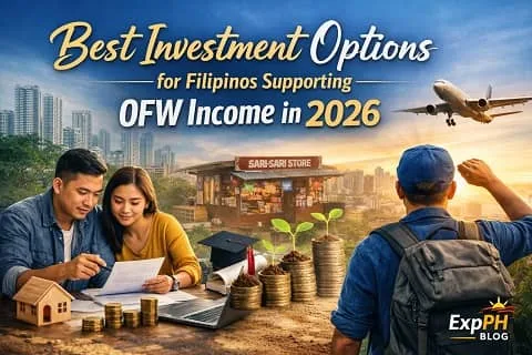 Filipino family planning investments using OFW income in 2026 with symbols of savings, small business, education, and overseas work, featuring the ExpPH Blog logo