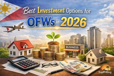 Best investment options for OFWs in 2026 showing Filipino overseas workers planning savings, business, property, and financial growth with ExpPH Blog logo