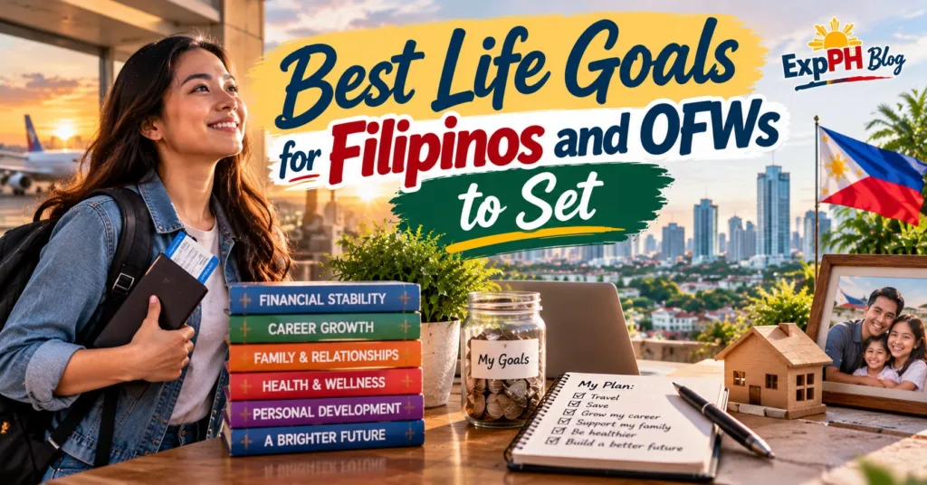Realistic Filipino woman planning her future with goals for financial stability, career growth, family relationships, health, and personal development, featuring ExpPH Blog branding.