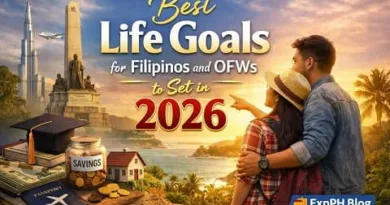 Filipino couple planning life goals for 2026 with symbols of savings, education, travel, and family future, featuring ExpPH Blog logo
