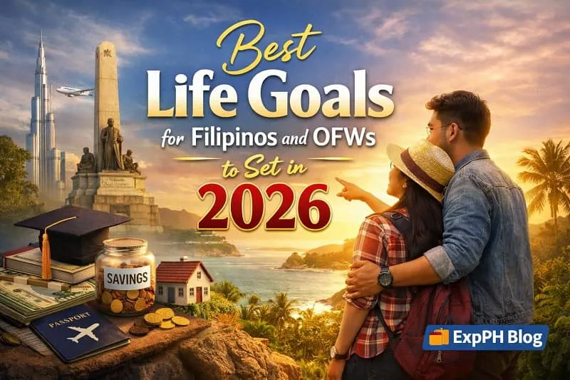 Filipino couple planning life goals for 2026 with symbols of savings, education, travel, and family future, featuring ExpPH Blog logo
