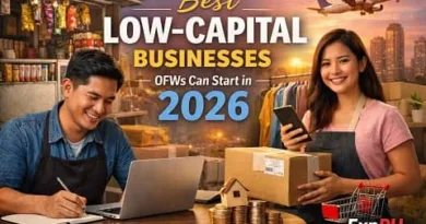 Filipino OFWs running low capital businesses in 2026 using online selling, freelancing, and family managed ventures with ExpPH Blog logo visible