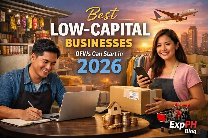 Filipino OFWs running low capital businesses in 2026 using online selling, freelancing, and family managed ventures with ExpPH Blog logo visible