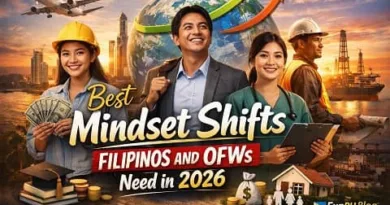 Realistic image of Filipino workers and professionals representing OFWs and families, highlighting mindset shifts, skills growth, and future planning for 2026 with ExpPH Blog logo.