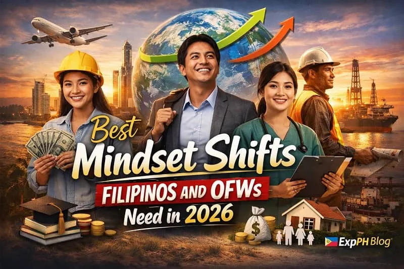 Realistic image of Filipino workers and professionals representing OFWs and families, highlighting mindset shifts, skills growth, and future planning for 2026 with ExpPH Blog logo.