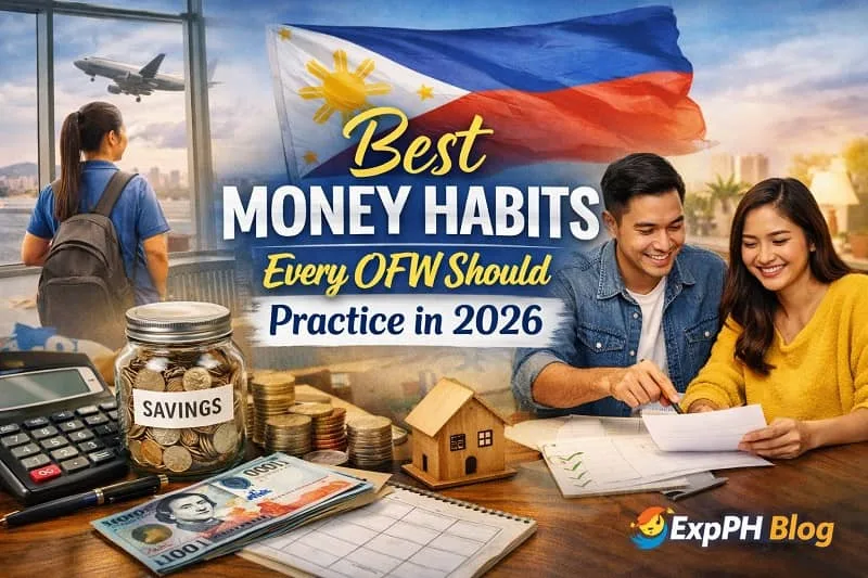 Filipino OFW planning finances with savings, budget documents, and Philippine peso money, representing best money habits every OFW should practice in 2026