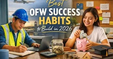 Filipino OFW planning finances and career growth with savings, laptop, and learning tools representing success habits for overseas workers in 2026