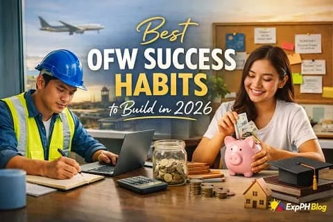 Filipino OFW planning finances and career growth with savings, laptop, and learning tools representing success habits for overseas workers in 2026