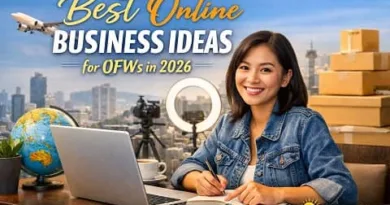Filipino OFW working online with laptop showing best online business ideas for OFWs in 2026, featuring digital work, e-commerce elements, and ExpPH Blog logo.