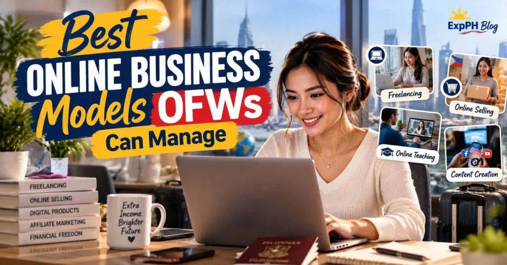 A Filipina working on a laptop while exploring online business opportunities for OFWs, including freelancing, online selling, online teaching, and content creation.