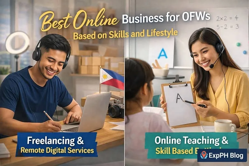 Filipino OFW working as a freelancer and online teacher representing best online business for OFWs based on skills and lifestyle with ExpPH Blog logo