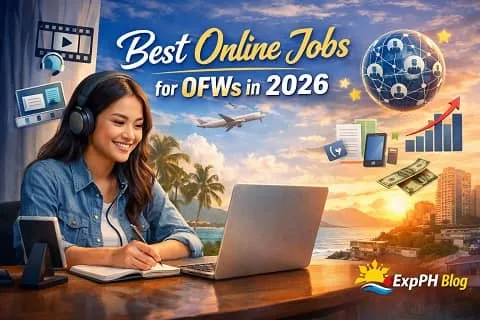 Filipino OFW working online on a laptop showing best online jobs for OFWs in 2026 with remote work icons and ExpPH Blog logo