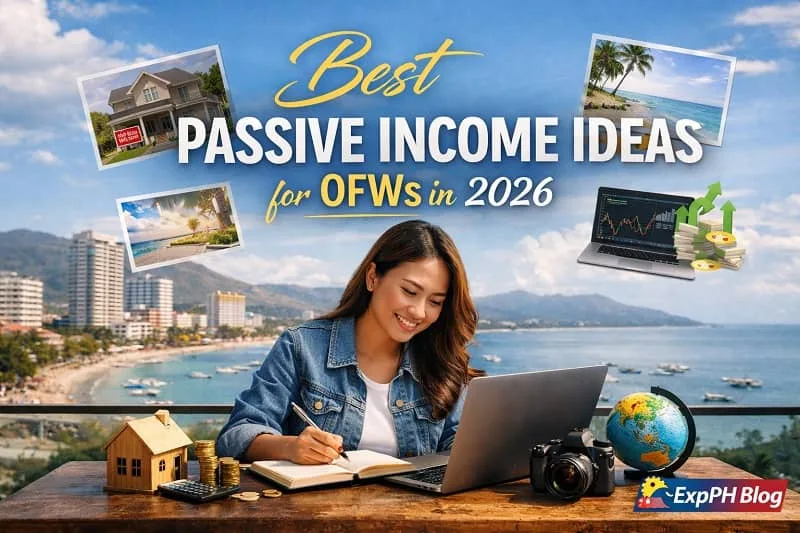 Filipino OFW working on a laptop with passive income symbols representing best passive income ideas for OFWs in 2026