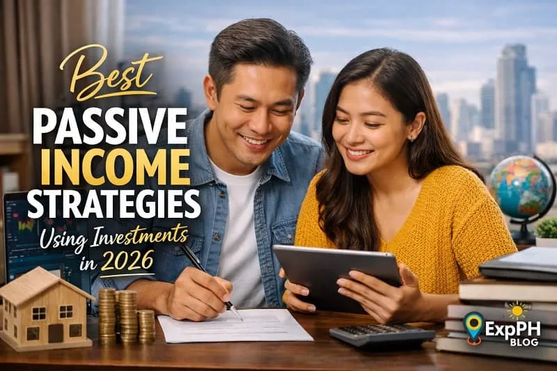 Filipino couple planning passive income investments for 2026 with charts, savings, and real estate concepts