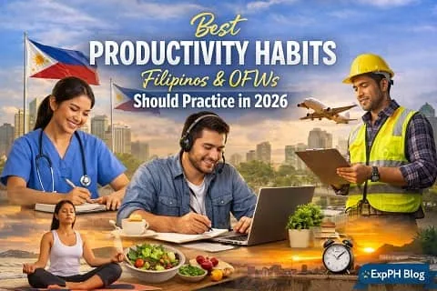Filipino and OFW workers practicing productivity habits such as focused work, learning, health routines, and work life balance in 2026