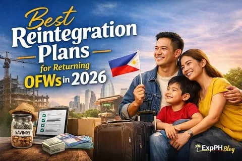 Filipino OFW family returning home in 2026 with luggage, savings, and planning tools, representing smart OFW Reintegration Program preparation in the Philippines