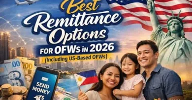 Filipino OFW family with remittance app, Philippine peso, and US landmarks showing best remittance options for OFWs in 2026