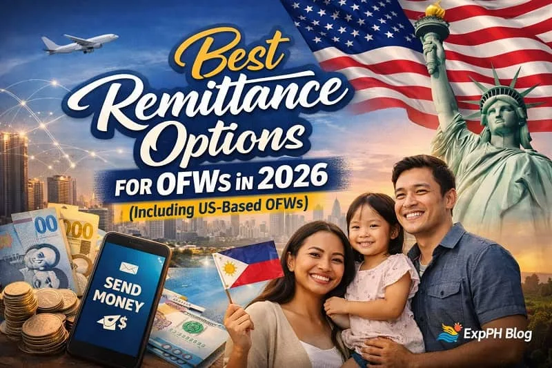 Filipino OFW family with remittance app, Philippine peso, and US landmarks showing best remittance options for OFWs in 2026