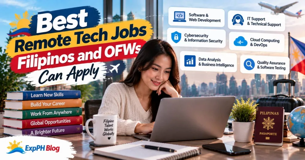 A Filipina working on a laptop with remote tech job categories including software development, IT support, cybersecurity, cloud computing, data analysis, and software testing, featuring ExpPH Blog branding.