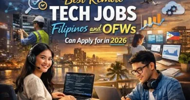 Filipino remote tech workers using laptops while working online for global companies in 2026 with ExpPH Blog logo