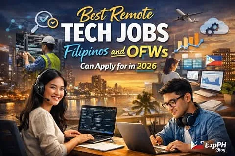Filipino remote tech workers using laptops while working online for global companies in 2026 with ExpPH Blog logo