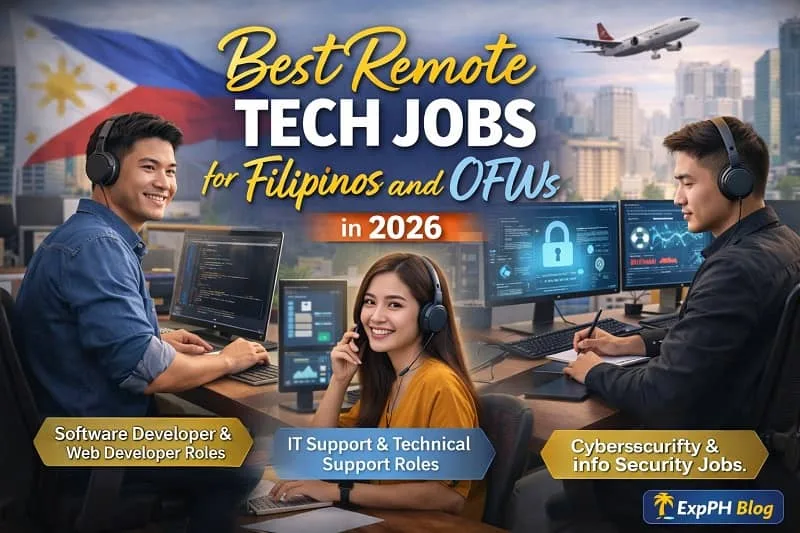 Filipino professionals working remotely as software developers, IT support staff, and cybersecurity specialists in 2026 with ExpPH Blog logo