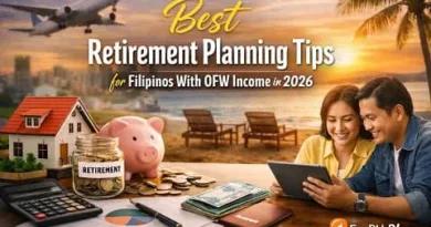 Filipino OFW couple planning retirement finances with savings, home goals, and travel symbols, representing OFW retirement planning in 2026