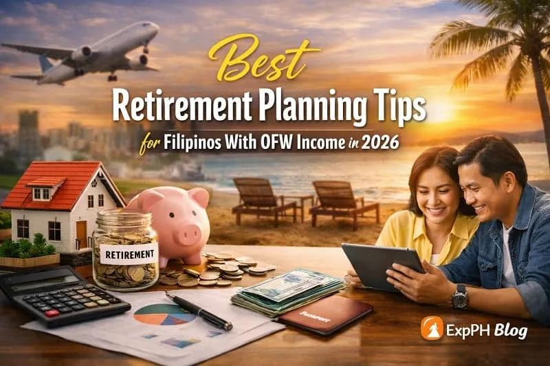 Filipino OFW couple planning retirement finances with savings, home goals, and travel symbols, representing OFW retirement planning in 2026