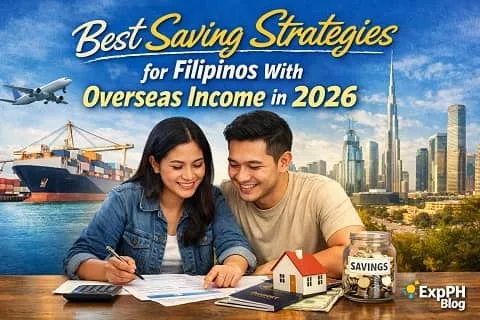 Filipino couple planning finances with overseas income in 2026, showing budgeting, savings jar, home planning, and long-term financial goals with ExpPH Blog logo