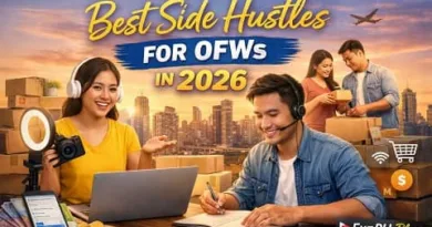 Filipino OFWs working on skill based side hustles such as freelancing, graphic design, coding, and content creation using laptops and digital tools in 2026