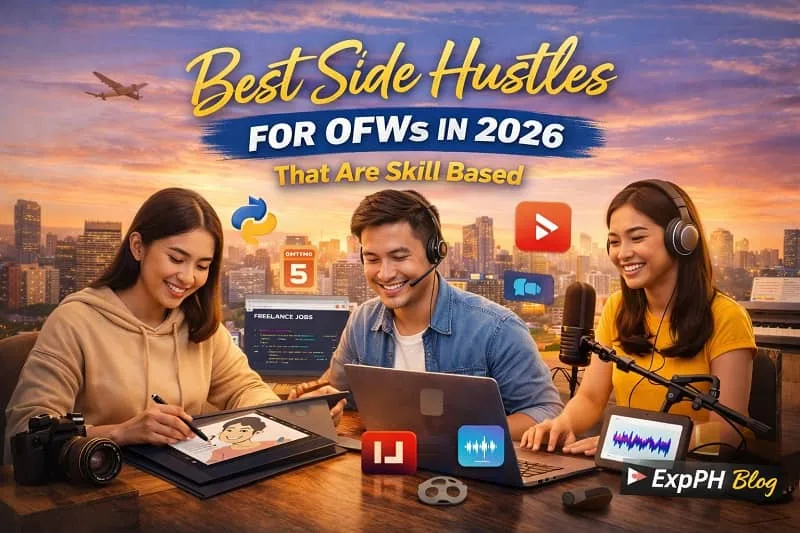 Filipino OFWs working on skill based side hustles such as freelancing, graphic design, coding, and content creation using laptops and digital tools in 2026