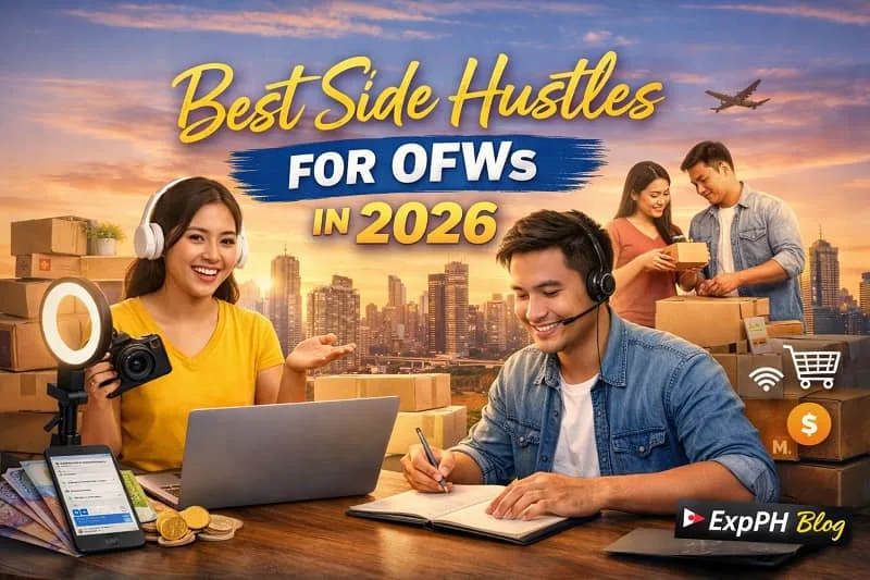 Filipino OFWs working on online side hustles using laptops and packing products, showing freelancing and online selling opportunities in 2026