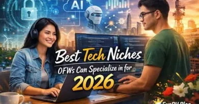 Filipino overseas worker exploring future tech careers in 2026, with digital technology icons and modern workspace, representing tech skills for OFWs and global opportunities.