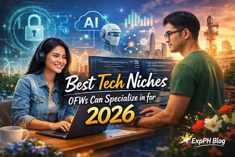 Filipino overseas worker exploring future tech careers in 2026, with digital technology icons and modern workspace, representing tech skills for OFWs and global opportunities.