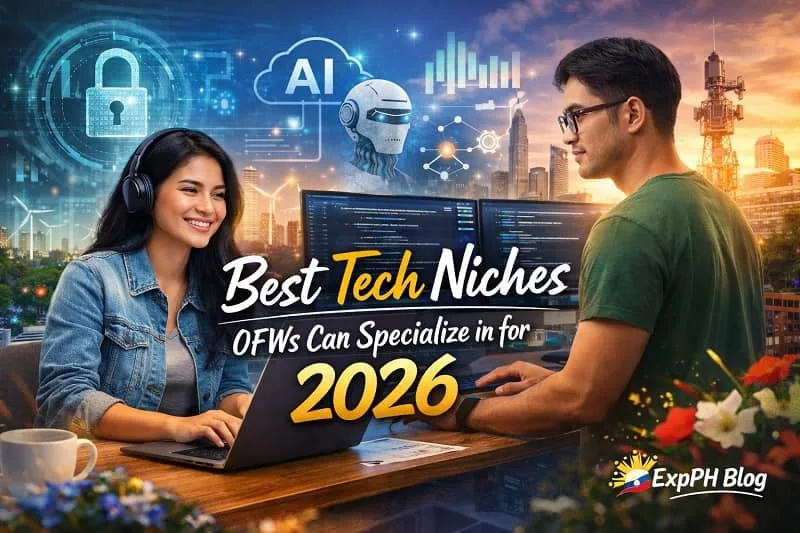 Filipino overseas worker exploring future tech careers in 2026, with digital technology icons and modern workspace, representing tech skills for OFWs and global opportunities.