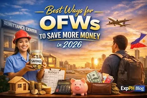 Filipino overseas workers saving money in 2026, showing budgeting, remittance planning, and financial goals with ExpPH Blog logo
