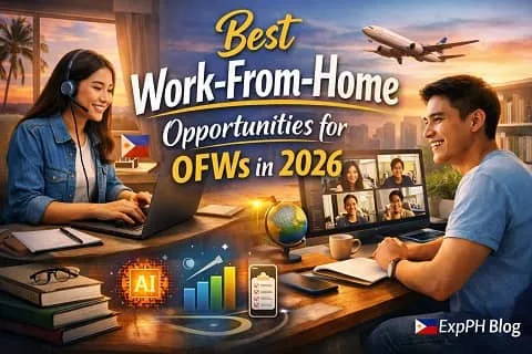 Filipino OFW working from home using a laptop in a modern Filipino home setup, representing work from home jobs for OFWs in 2026