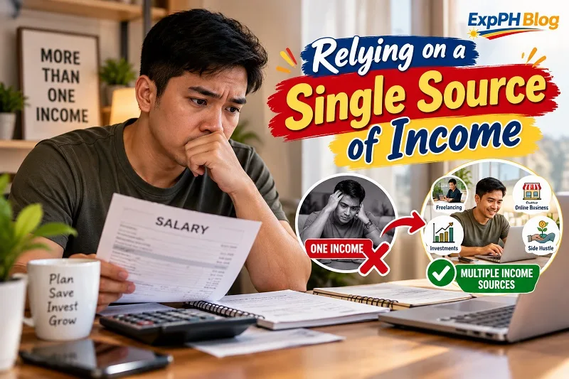 A concerned Filipino man reviewing his salary and bills at a desk, illustrating the financial risks of relying on a single source of income and the benefits of earning money through freelancing, investments, online business, and side hustles.
