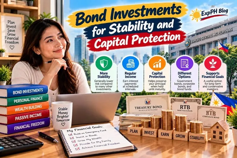 A Filipina woman learning about bond investments in a modern home office, with Philippine Treasury bond certificates, stacks of coins, financial planning notes, and the ExpPH Blog logo.