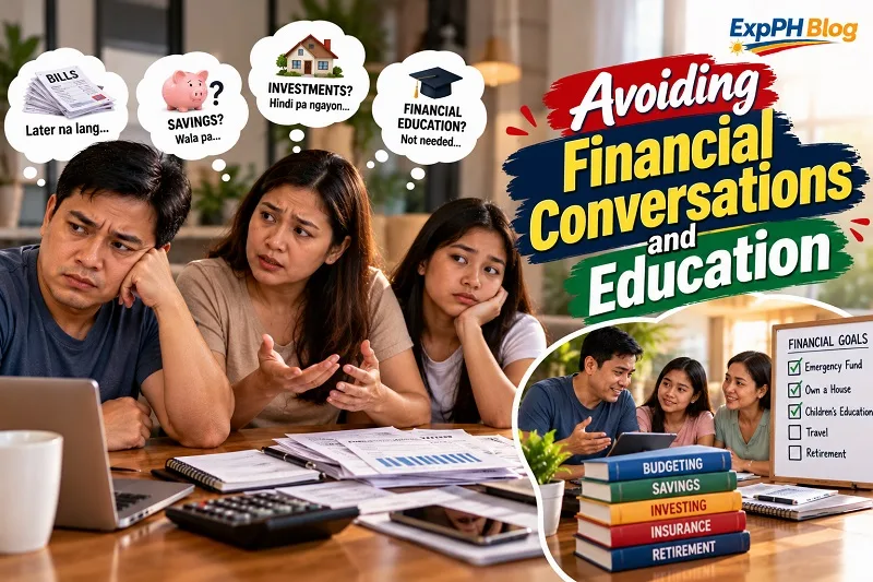 A Filipino family looking concerned while reviewing bills and financial documents, contrasted with family members discussing budgeting, savings, and investments, illustrating the importance of financial conversations and education.