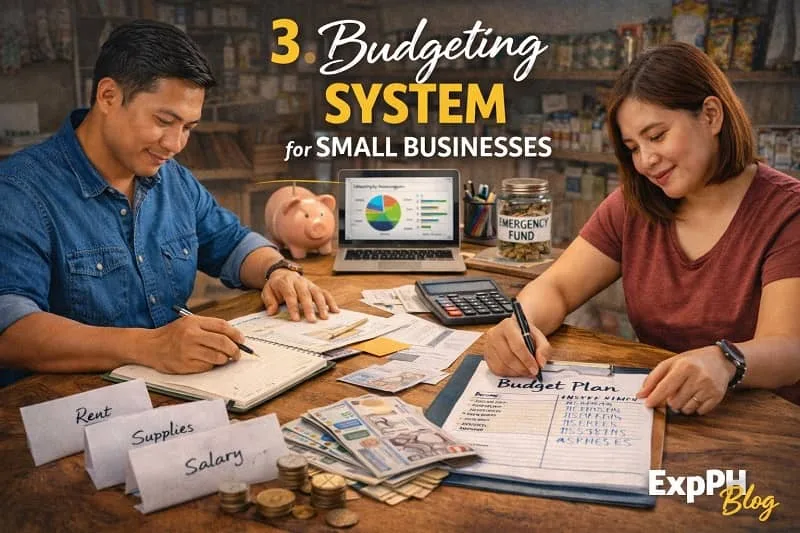 Filipino couple creating a business budget plan with calculator, cash, and expense categories like rent, supplies, and salary on a table