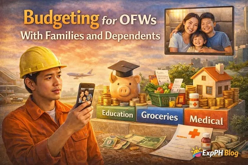 Filipino overseas worker budgeting income with family photo, savings jar, and household expenses representing financial planning for OFWs with families and dependents.