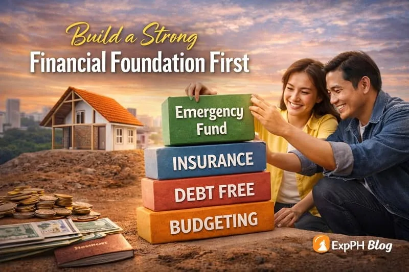 Filipino couple building a financial foundation with emergency fund, insurance, budgeting, and debt free blocks, representing strong financial planning for OFWs