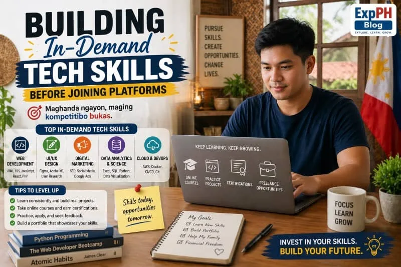 Filipino freelancer learning tech skills on a laptop with visual icons of in demand skills and ExpPH Blog logo