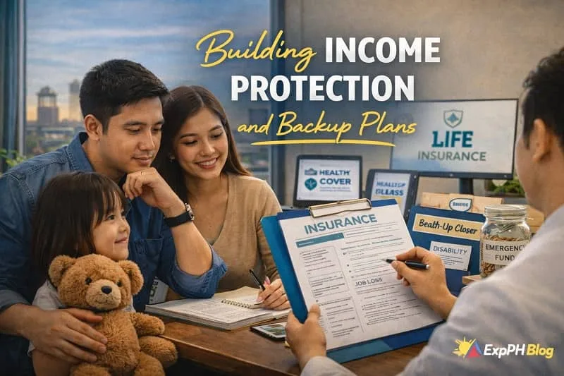 Filipino OFW family reviewing finances with savings jars, insurance papers, and a laptop, representing income protection and backup planning for financial security