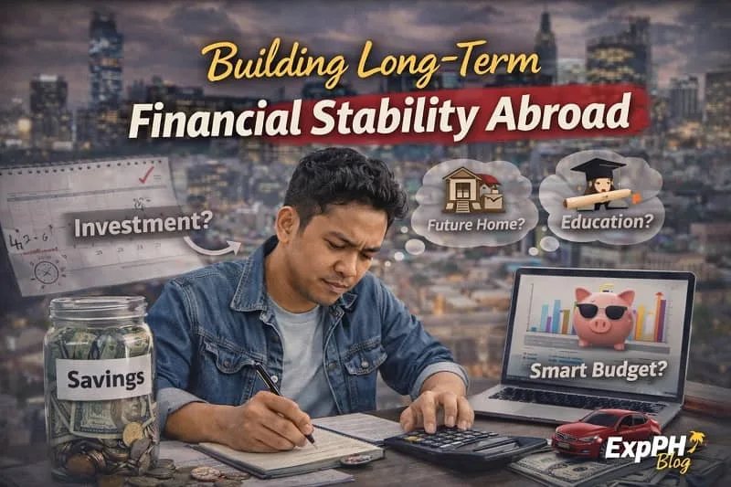Filipino OFW planning finances abroad with savings, budgeting tools, and future goals, showing long-term financial stability planning overseas with ExpPH Blog logo